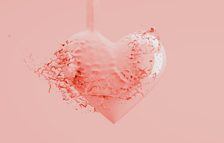 3D illustration of paint-spilled heart in living coral colors.の写真素材
