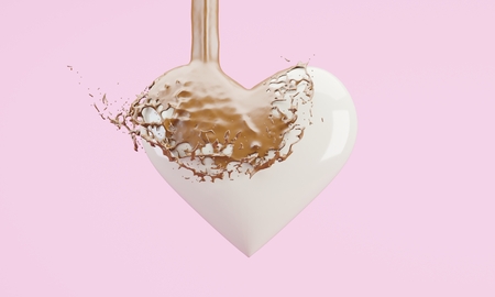 Chocolate-spilled heart in pink pastel colors. Valentine's day concept splash. Happy Valentine's greeting.の写真素材