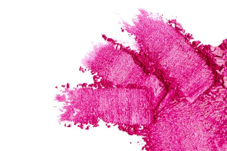 A broken pink eye shadow smear make up palette isolated on a white background. Top view, flat lay. Copy space for your textの写真素材