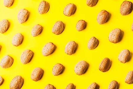Almond pattern. Trendy summer pattern made with almond shell on bright yellow background. Minimal summer concept.の写真素材