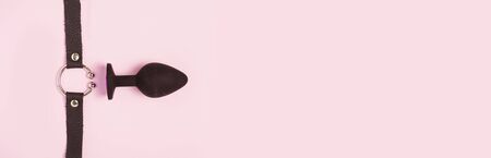 Adult sexy toy anal plug on pink background with confetti. Top view, flat lay. Bright and festive.の写真素材