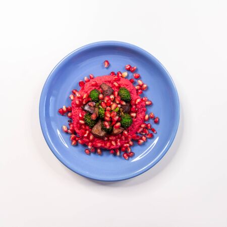 Chiken liver and hummus dish on white table. Top view, flat lay.の写真素材