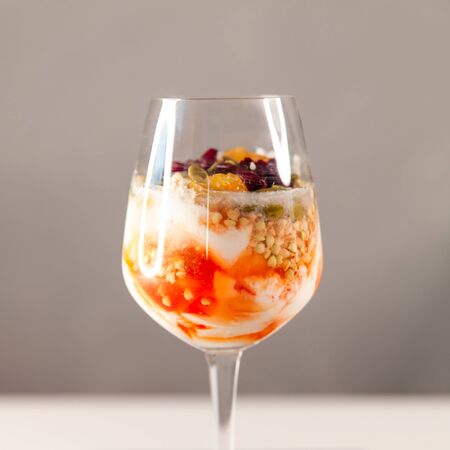 Vegan tasty dessert with green buckwheat in goblet.の写真素材