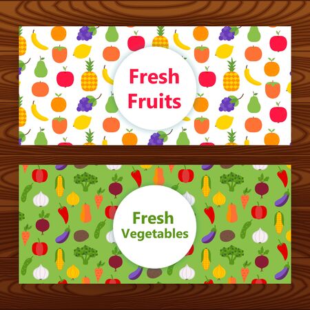Fresh fruits and vegetables Web banners on wooden texture. Vector illustration of healthy food corporate identity.のイラスト素材