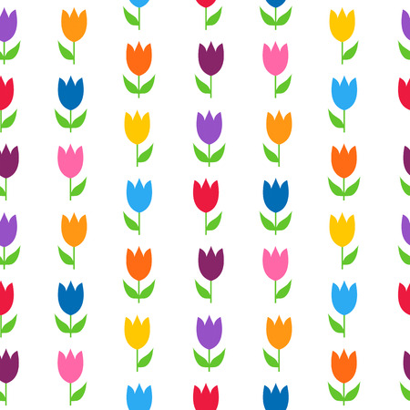 Colorful tulips over white seamless pattern. Vector illustration of spring flowers background.のイラスト素材