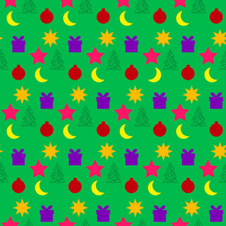Festive seamless texture with stars and presents. Vector illustration of set of Christmas toys on green.のイラスト素材