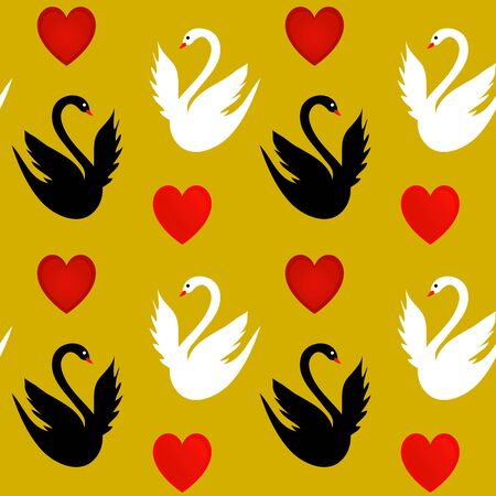 Seamless texture with hearts  and white and black swans. Vector illustration of background with bird and heart.のイラスト素材