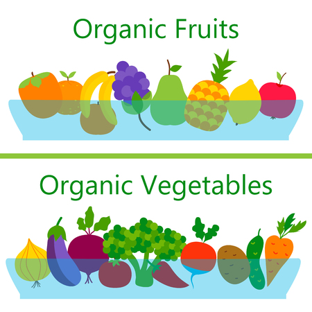 Organic fruits and vegetables web banners. Vector illustration of fresh healthy food.のイラスト素材