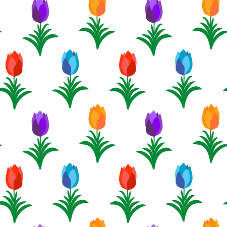 Colorful tulips over white seamless pattern. Vector illustration of flowers in flower pots.のイラスト素材