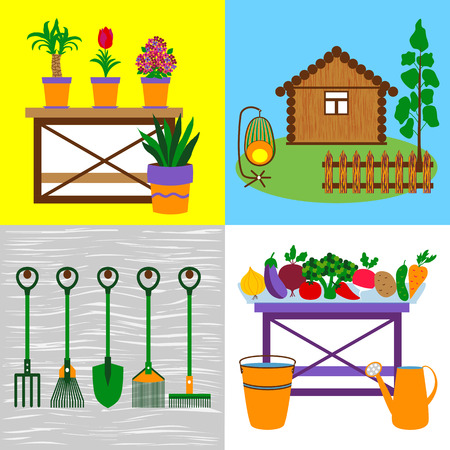 Four flat garden concepts. Vector illustration of garden tools, flowers and vegetables.のイラスト素材