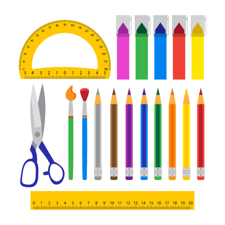 School tools set over white. Vector illustration of colored school objects.のイラスト素材