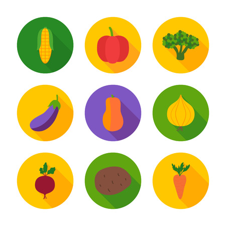 Vegetables  flat circle icons. Vector illustration of fresh healthy food objects.のイラスト素材