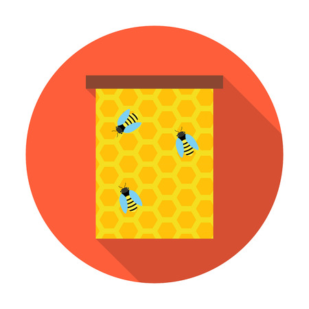 Honeycomb with bees circle icon. Vector illustration of honeycomb with bees on a red.のイラスト素材