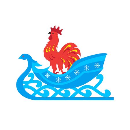 Christmas sleigh with cock. Vector illustration of red rooster on white.のイラスト素材