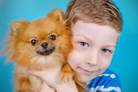 cute child is hugging with love his lovely pet dog pomeranianの写真素材