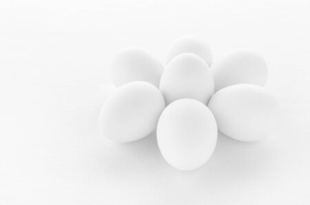 fresh white eggs on white background with copy spaceの写真素材