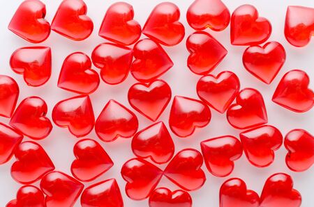 red hearts pattern on white background, flat layの写真素材