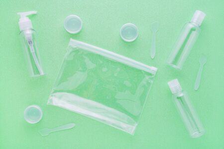 travel toiletries, small plastic bottles for hygiene productsの写真素材