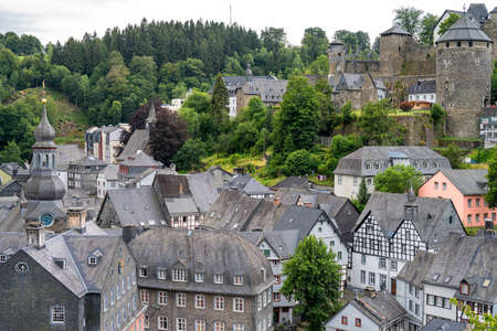 beautiful view of old town Monschau in Germanyの写真素材