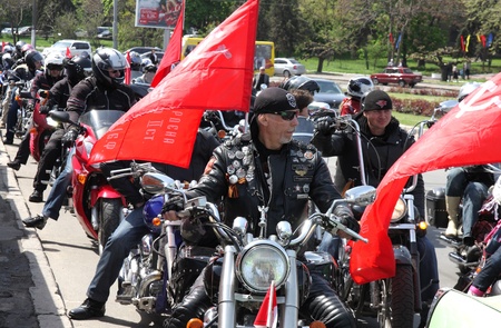 ODESSA,UKRAINE - MAY 9: Participants of motorbike show, the annual event devoted Victory day. May 9, 2011 Odessa , Ukraine.のeditorial素材
