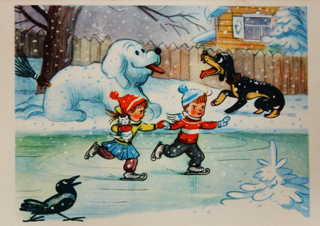 USSR-circa 1959: Soviet postcard by artist Suteev shows playing kids boy and girl and a dogのeditorial素材