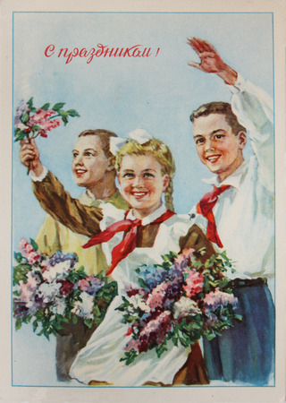 USSR-circa 1960s : Soviet postcard shows soviet pupil walking to schoolのeditorial素材