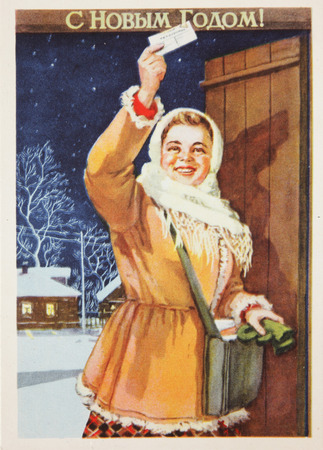 USSR - circa 1960s: Soviet postcard for Christmas and New year, text in russian : Happy new year !のeditorial素材