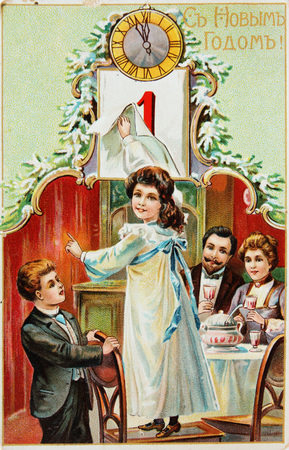 Russia-circa 1915: old russian postcard for Christmas and New Year shows parents with children in new year eve text in old russian : Happy new year !のeditorial素材