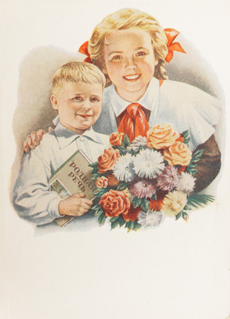 USSR-circa  1960s: Soviet postcard shows soviet pioneersのeditorial素材