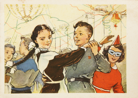 USSR-circa 1950s: Soviet postcard shows dancing soviet pupils at school dance.のeditorial素材