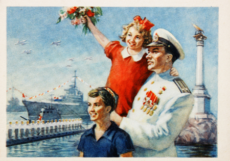 USSR-circa 1960s: Soviet postcard shows naval officer with his kids on naval paradeのeditorial素材