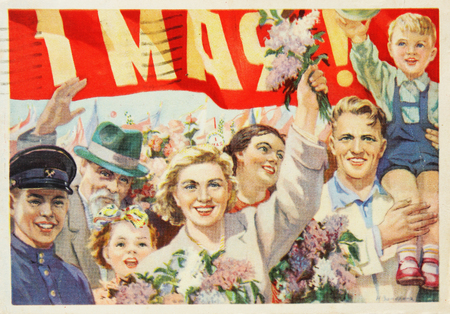 USSR-circa 1960s : Soviet postcard  devoted May day , text in russian  May dayのeditorial素材