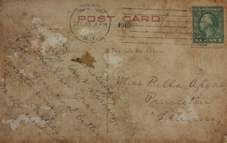 Reverse side of old post card, circa 1915. Image in vintage grunge style