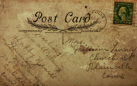 Reverse side of old post card, circa 1915. Image in vintage grunge style