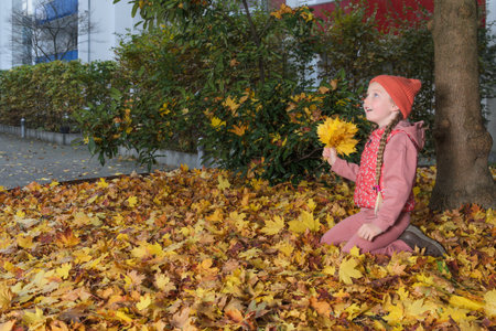 A girl is sitting on fall leaves and playing with them.の写真素材