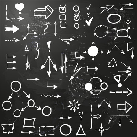 set of hand drawing business diagram (network). Collection of different arrows, polyhedrons, interrogation and exclamation mark on blackboardのイラスト素材