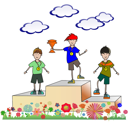 Vector of children standing on the winning podium holding up trophy. Three boys are on the pedestal with medalsのイラスト素材