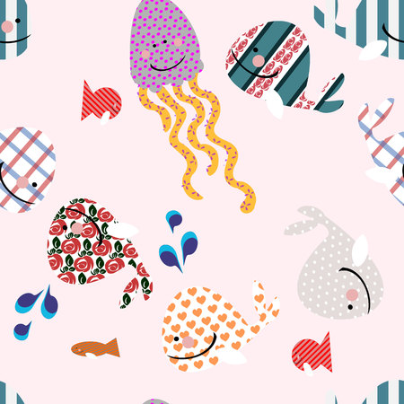 seamless pattern of silhouettes from cute whales on pink backgroundのイラスト素材