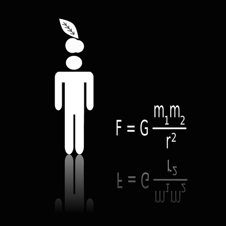 Silhouette of Isaac standing under an apple. Newton's law of universal gravitationのイラスト素材