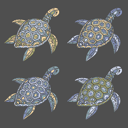 hand-drawn set of beautiful sea turtles on a grey backraundのイラスト素材