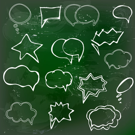 Collection of hand drawn speech balloons on green blackboardのイラスト素材