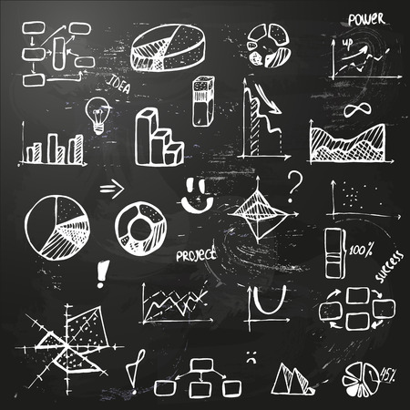 set of hand drawing business diagram on blackboard (histogram, pie chart, graph of a function, scatter plot, network and block diagrams, radar chart) with words success, project, idea, powerのイラスト素材