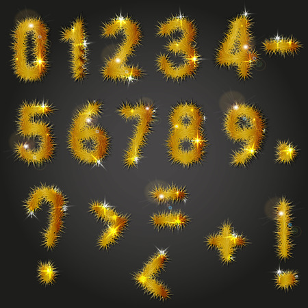 Collection of vector numbers and punctuation mark decorated with shining golden pine branchesのイラスト素材