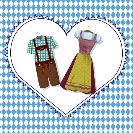 Traditional German (Bavarian) clothing Dirdle and Lederhosen. October fest. Greeting card from Munichのイラスト素材