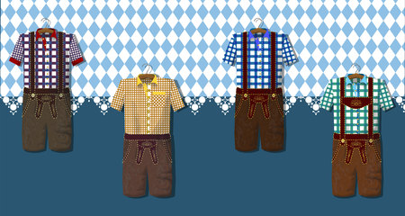 Traditional German (Bavarian) clothing: Lederhosen. Octoberfest. Greeting card from Munich. Collection of dressesのイラスト素材