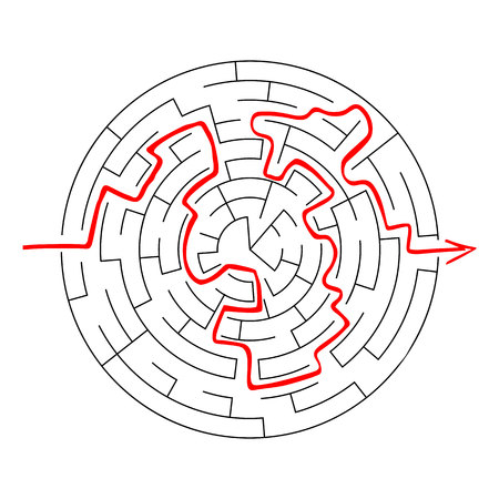 Complex maze puzzle game (high level of difficulty) with way (exit or answer). Black and white labyrinth business concept. Circle as labyrinthのイラスト素材