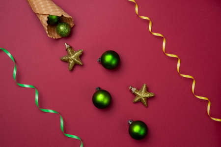 new year card: waffle cone with marshmallows, candy and Christmas toysの写真素材