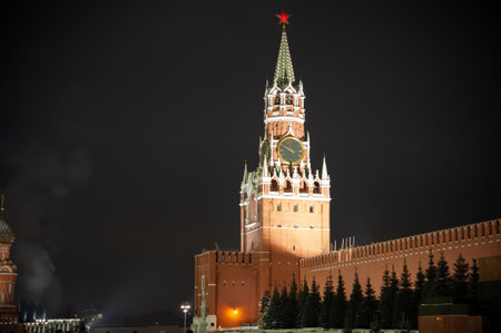 Spasskaya tower of the Moscow Kremlin at night, Russia.の写真素材