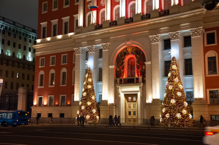 Christmas tree on Manezhnaya square in Moscow at nightの写真素材
