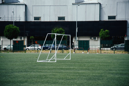 Soccer goal on a soccer fieldの写真素材